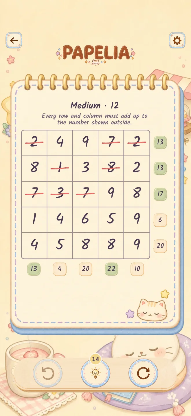 Papelia game screen: In Papelia, every number starts visible. Cross out or restore numbers until every row and column matches the target sum at its edge. One simple rule, thoughtful decisions, and all the time you need.
