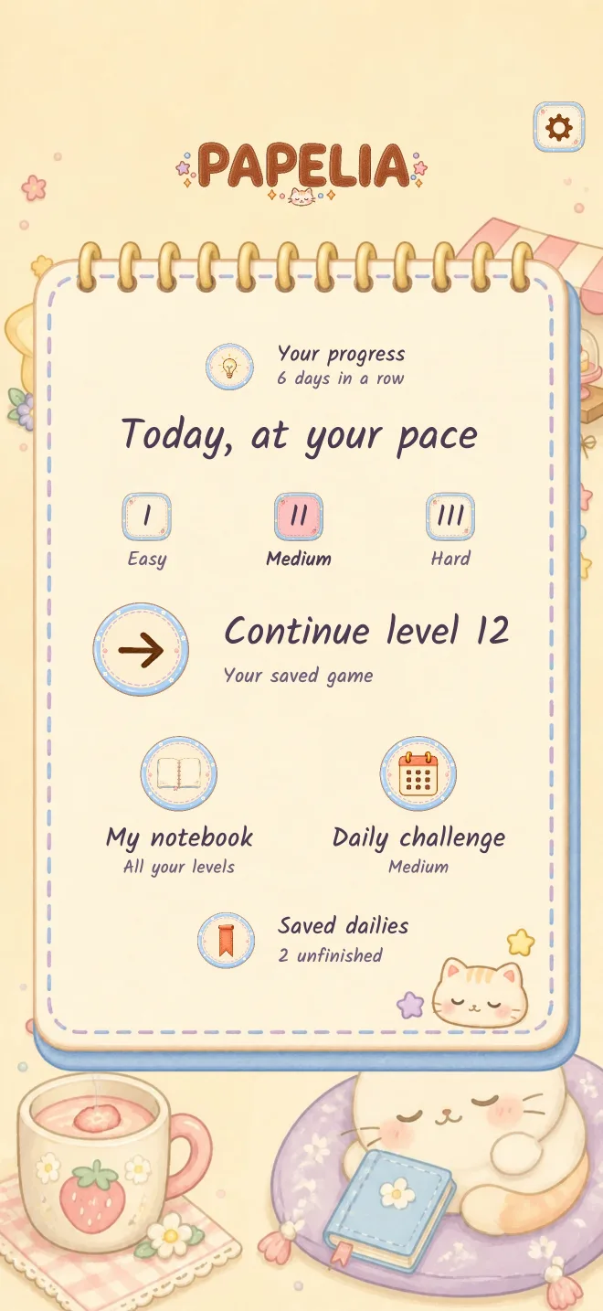 Papelia game screen: PLAY AT YOUR OWN PACE