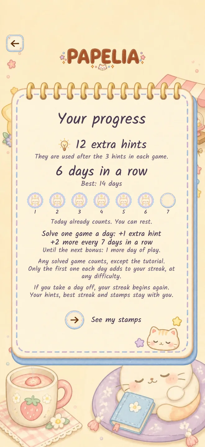 Papelia game screen: A PUZZLE FOR EVERY DAY