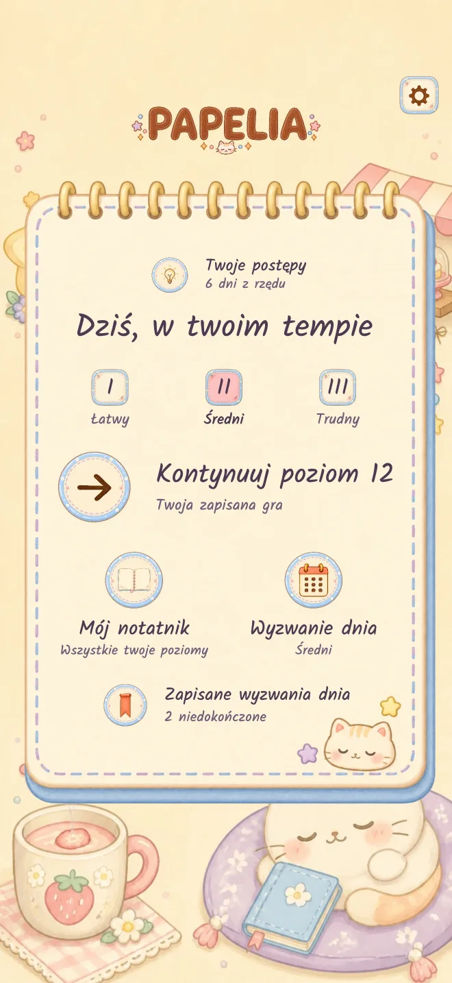 Ekran gry Papelia: GRAJ WE WŁASNYM TEMPIE