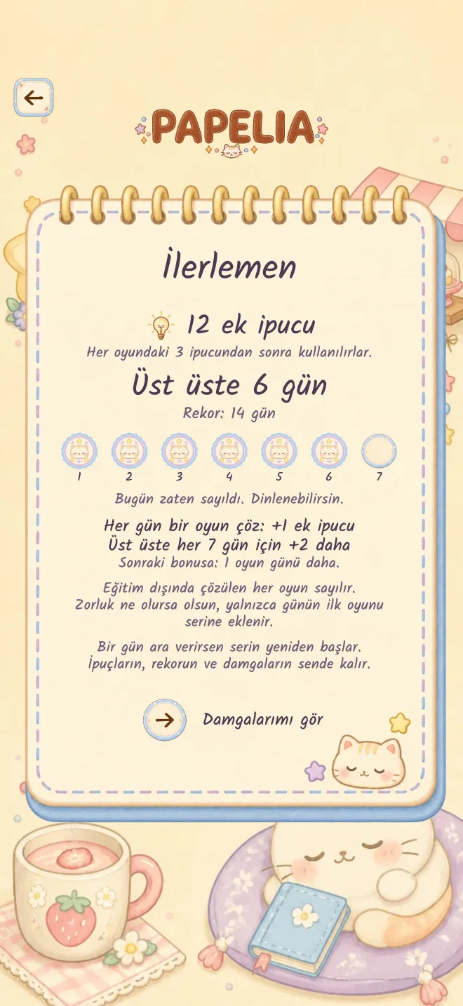 Papelia oyun ekranı: HER GÜNE BİR BULMACA